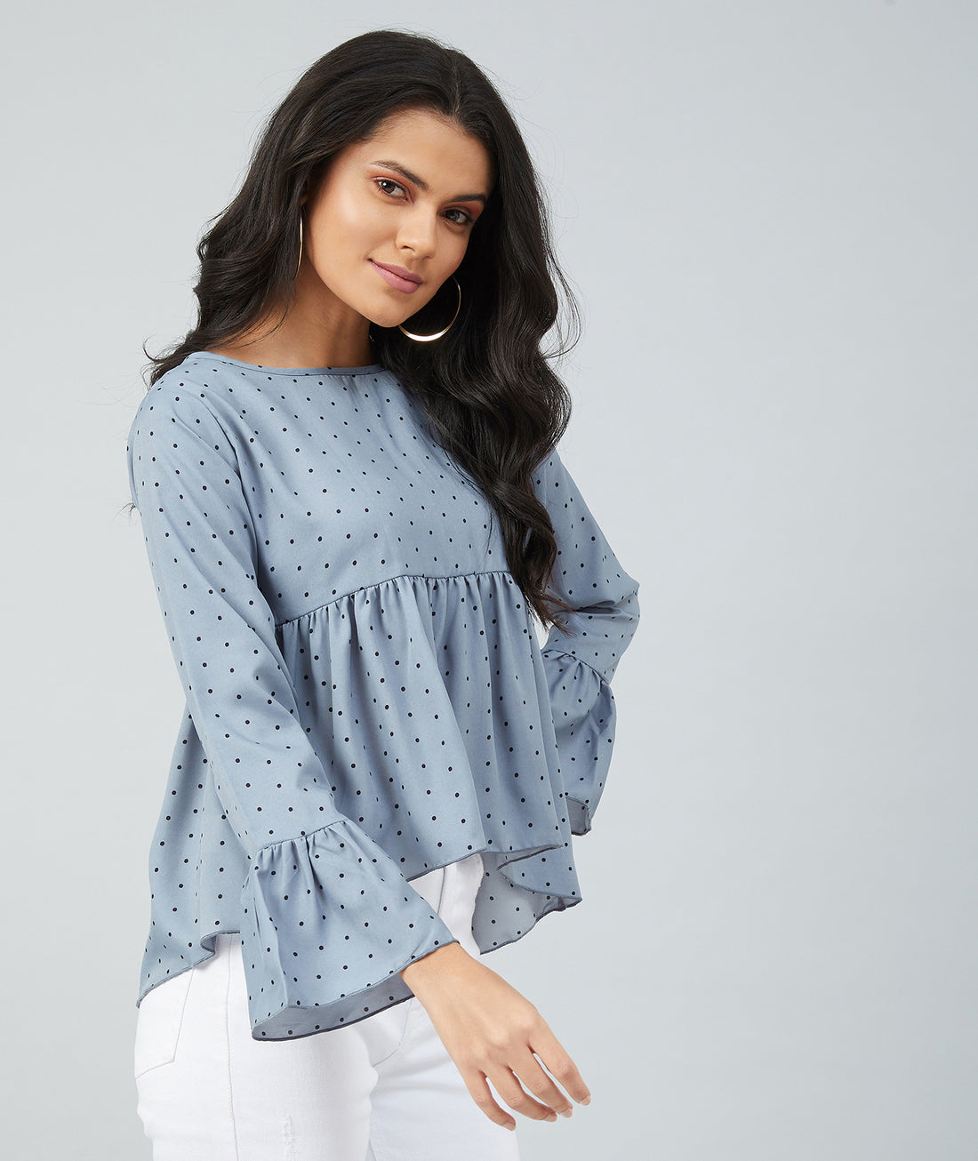 Chimpaaanzee women Grey Crepe Polka Doted Full Sleeve  Top
