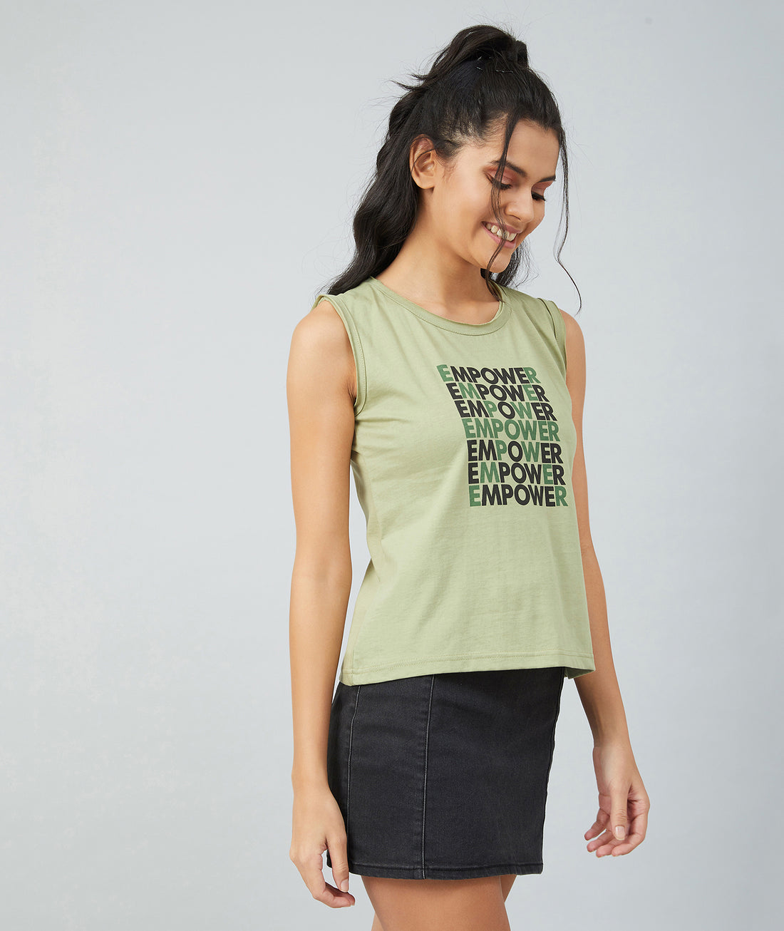Chimpaaanzee Women Olive Green Sleeveless Round Neck T-shirt