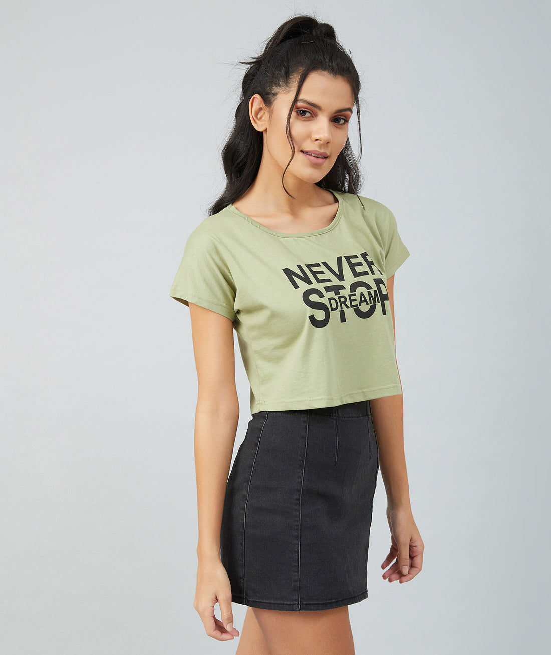 Chimpaaanzee Women Olive green Round Neck Crop T-shirt