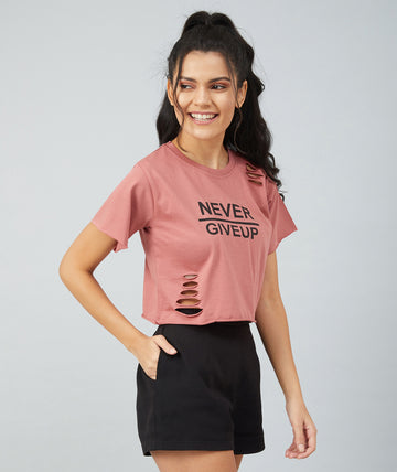 Chimpaaanzee Women Dark Pink Ribbed Style Crop T-shirt