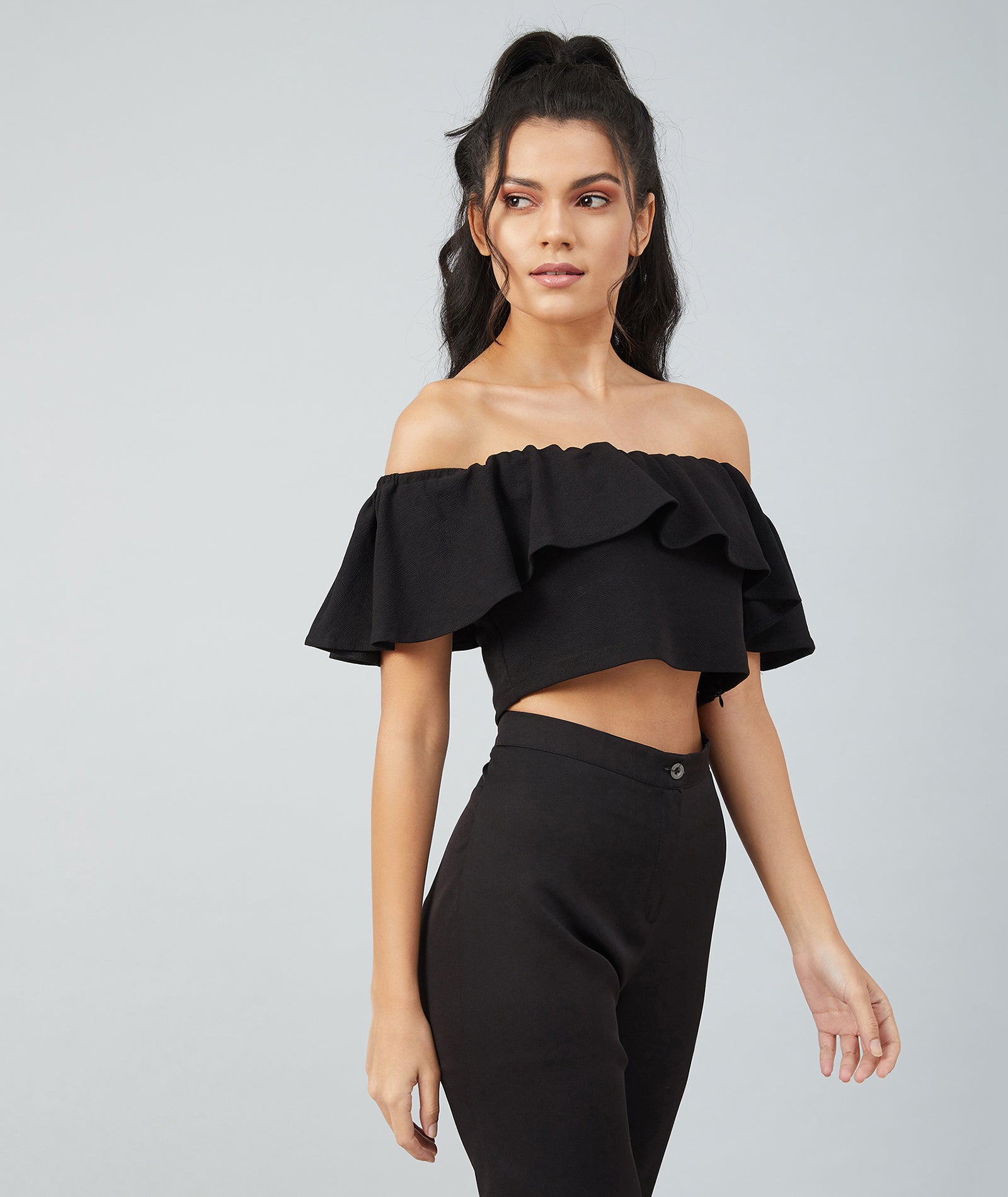 Chimpaaanzee Women Black Off Shoulder Bodycon Crop Top