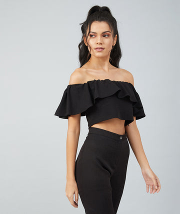 Chimpaaanzee Women Black Off Shoulder Bodycon Crop Top