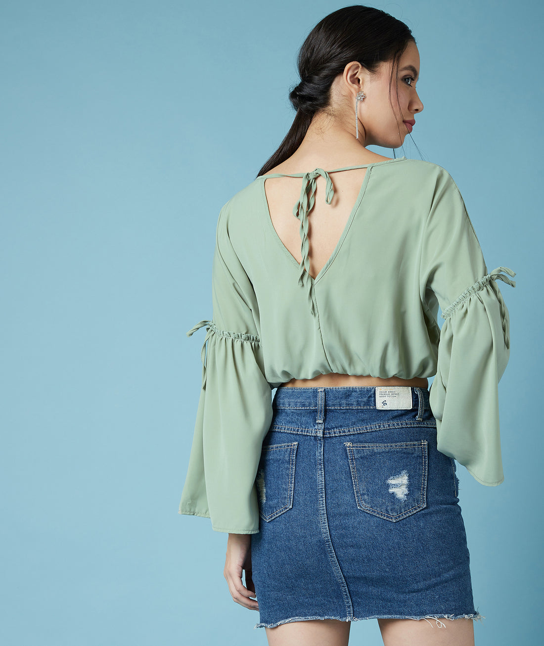 Chimpaaanzee Women Flared Sleeve Crop Olive Top