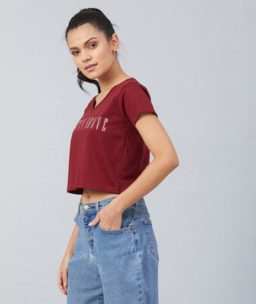 Chimpaaanzee Women Maroon V-Neck Crop T-shirt