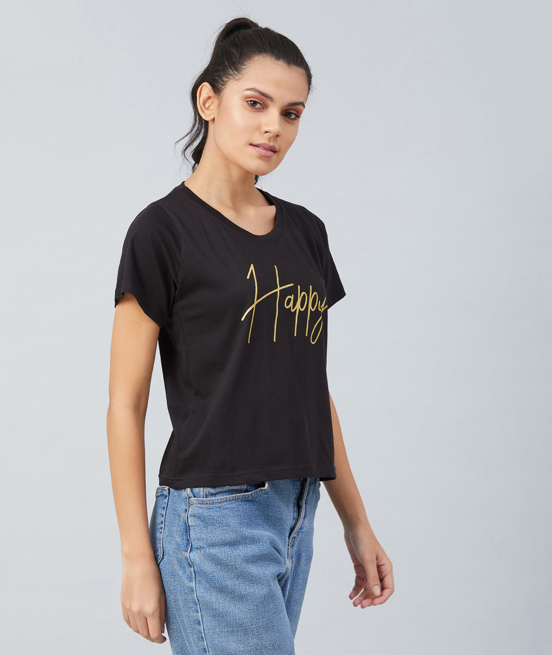 Chimpaaanzee Women Black Round Neck T-shirt