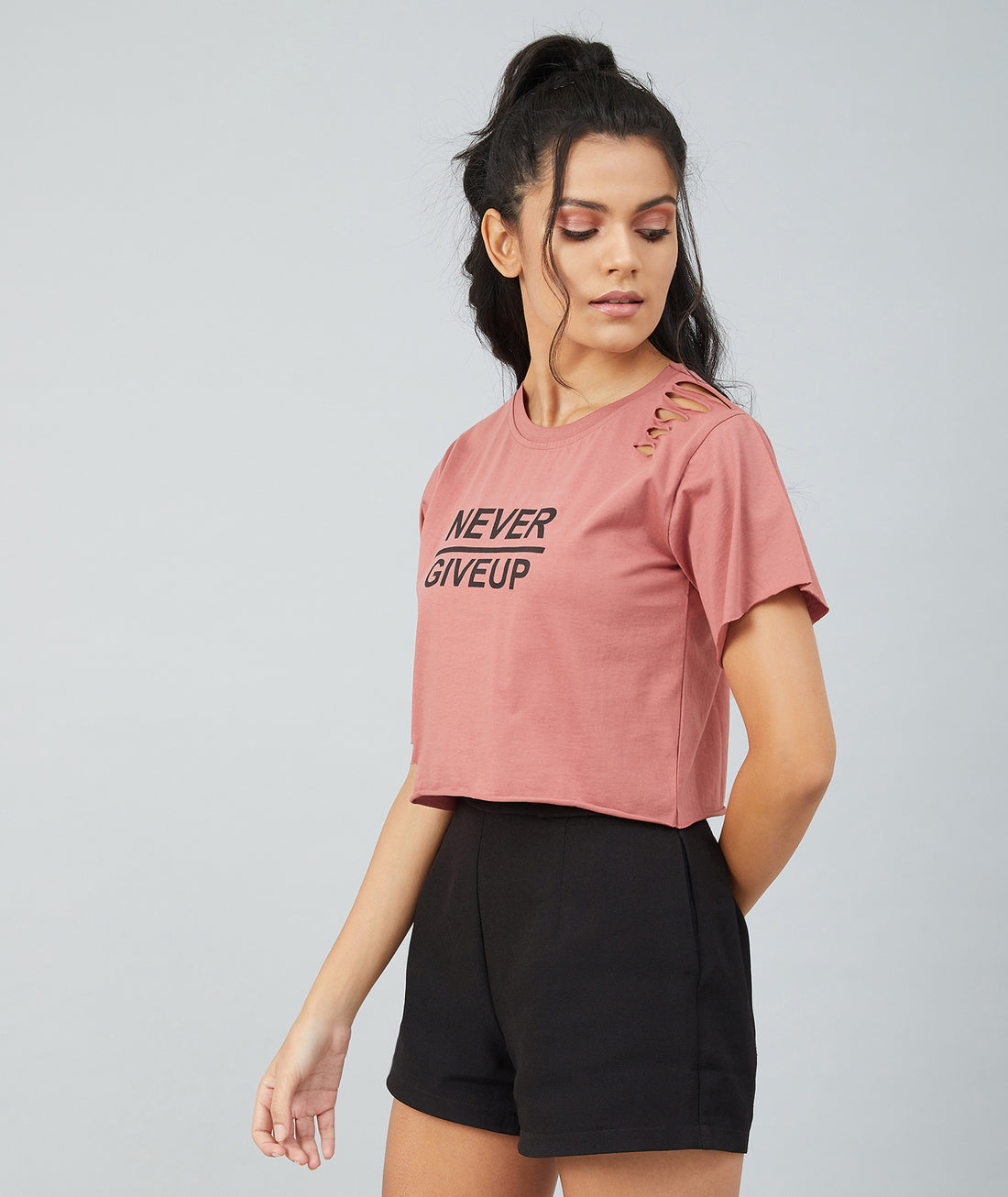 Chimpaaanzee Women Dark Pink Ribbed Style Crop T-shirt