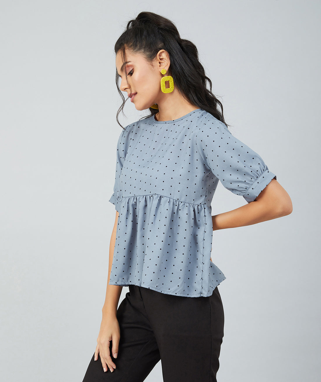 Chimpaaanzee women Grey Crepe Polka Doted Half Sleeve Style Top
