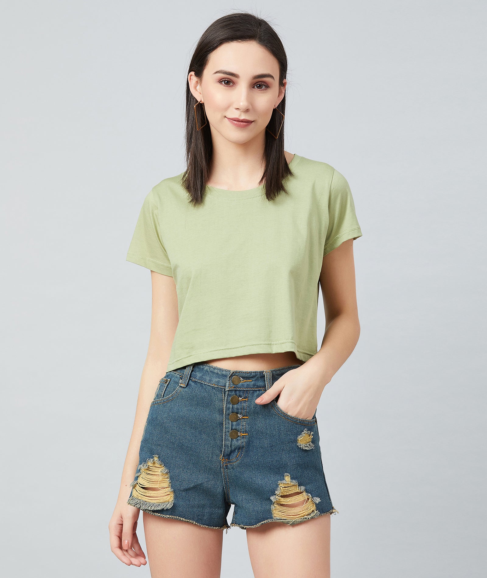 Chimpaaanzee Women Olive Green Plain Round Neck Crop T-shirt