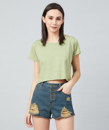 Chimpaaanzee Women Olive Green Plain Round Neck Crop T-shirt