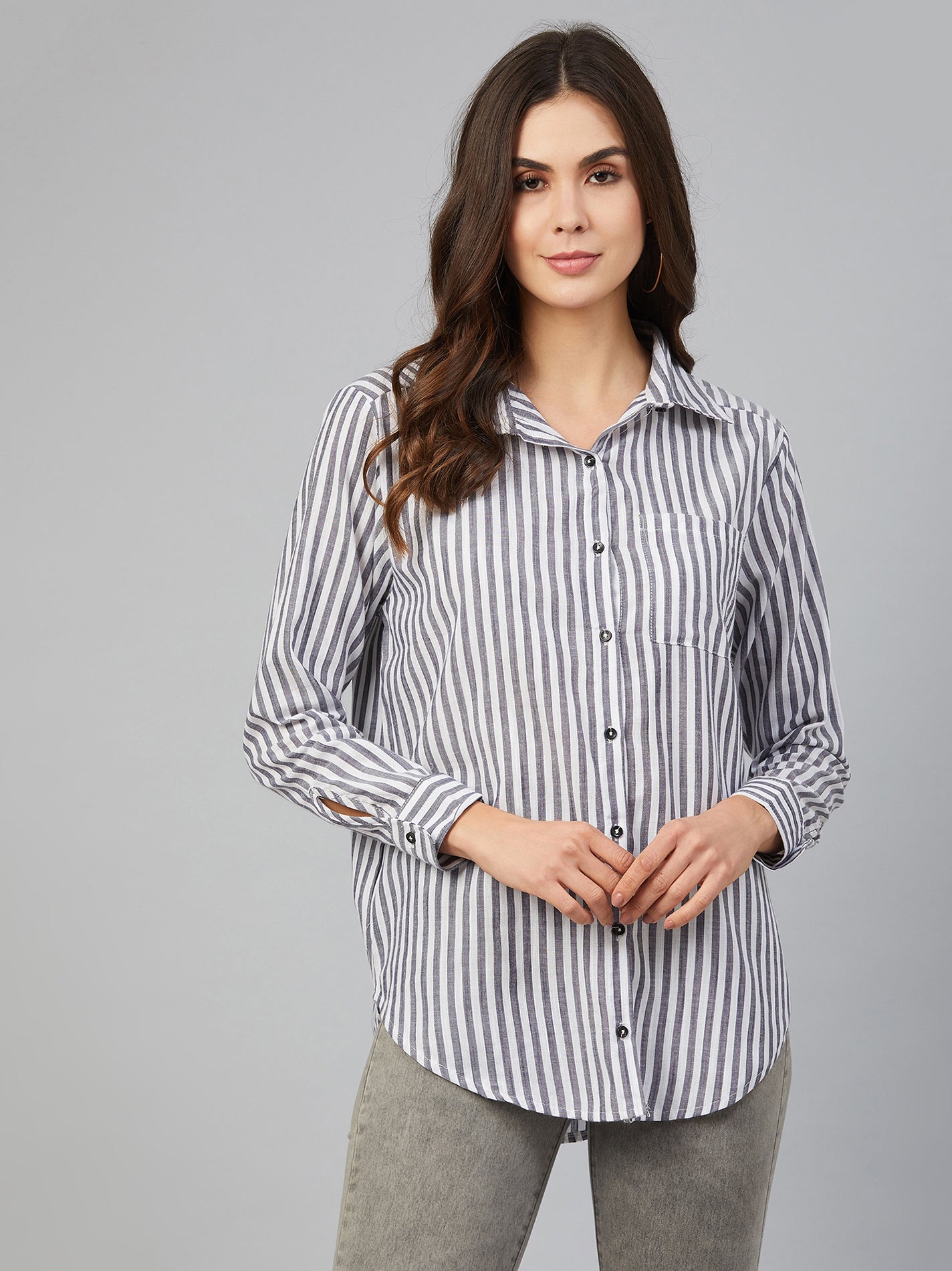Chimpaaanzee Women Black & White Striped Shirt