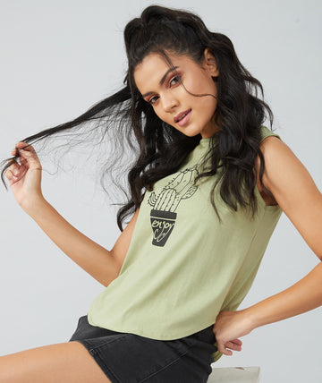 Chimpaaanzee Women Olive Green Sleeveless Round Bottom T-shirt