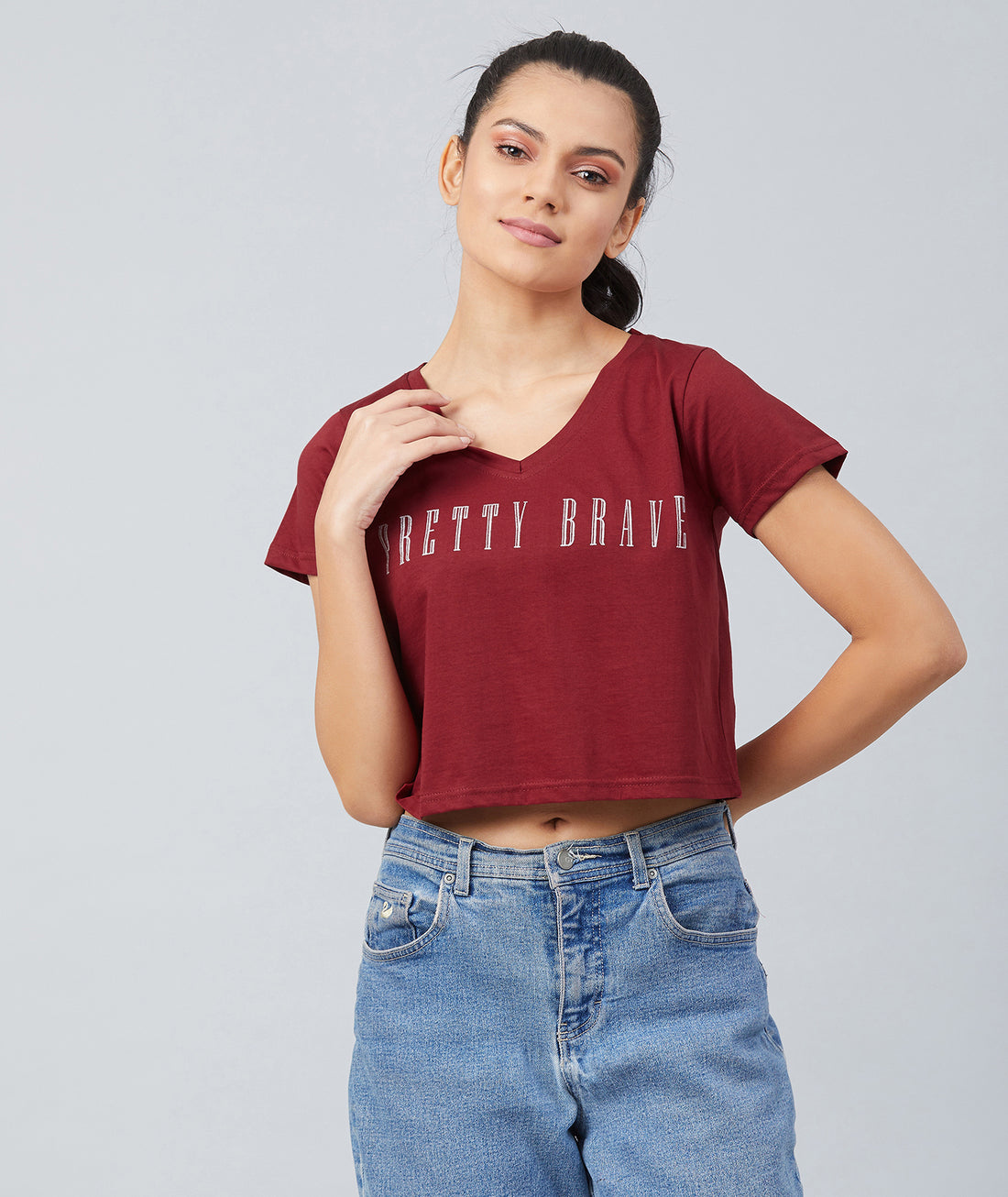 Chimpaaanzee Women Maroon V-Neck Crop T-shirt