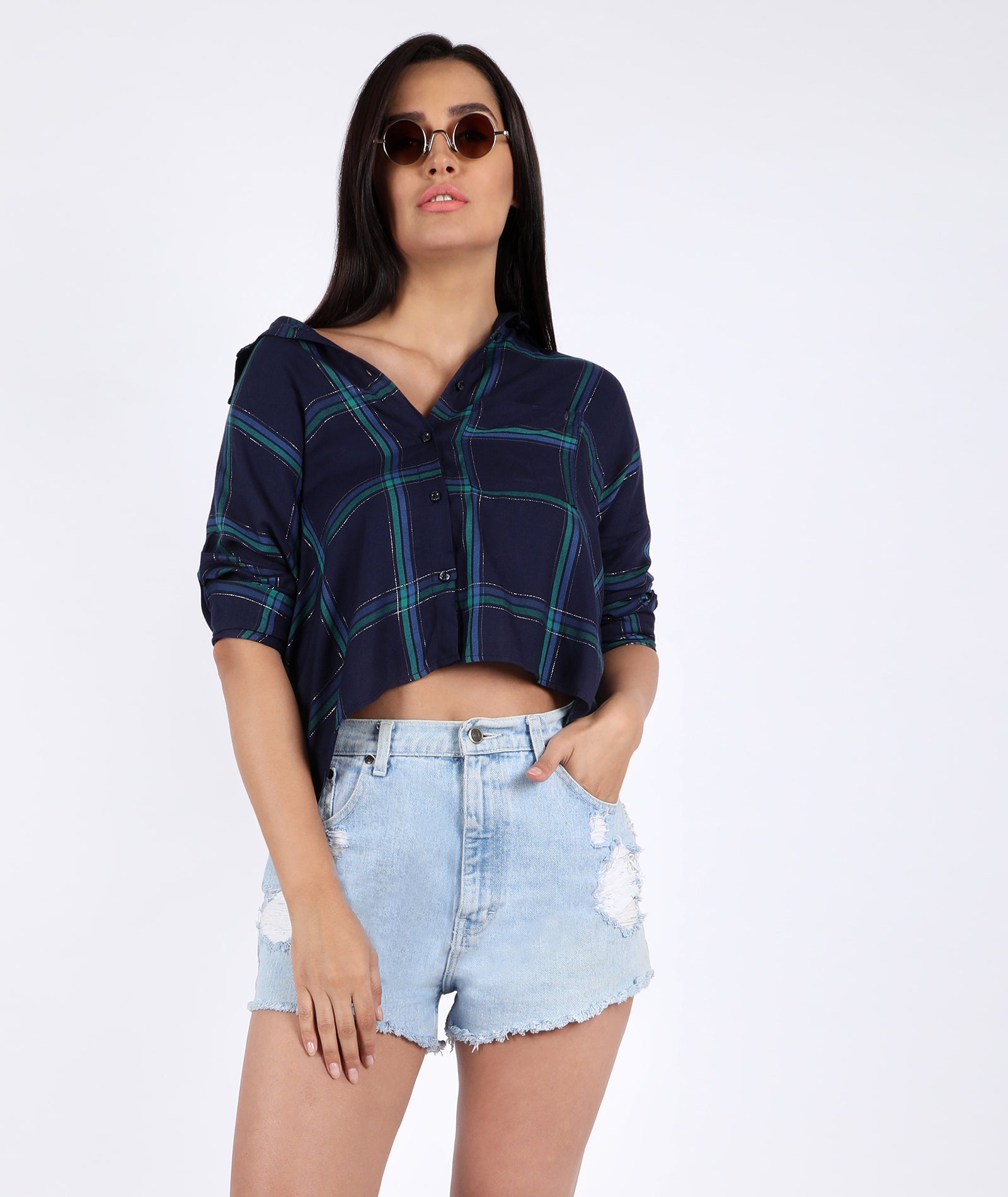 Chimpaaanzee Women Viscose Checkered Loose Fit Navy Shirt