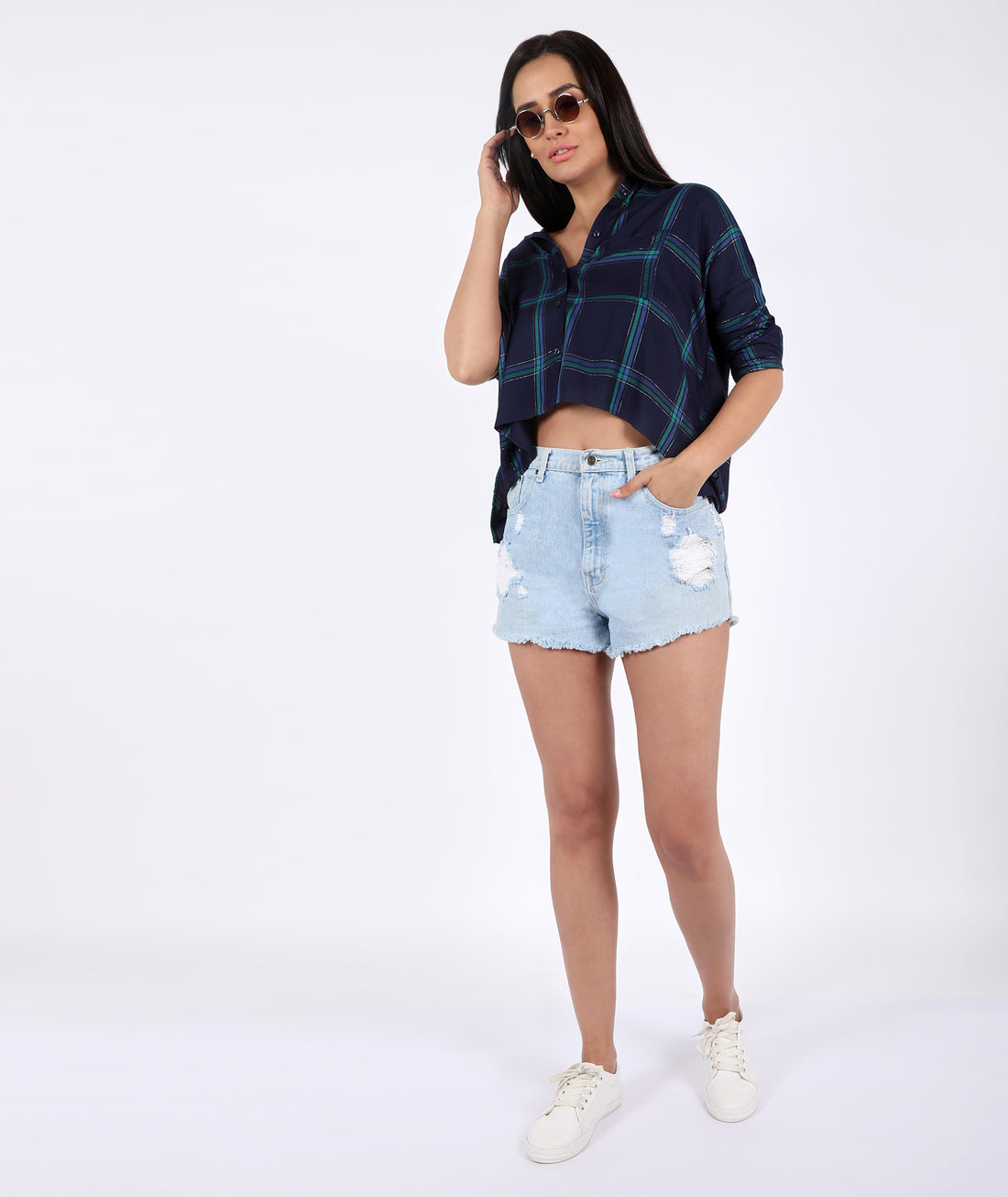 Chimpaaanzee Women Viscose Checkered Loose Fit Navy Shirt